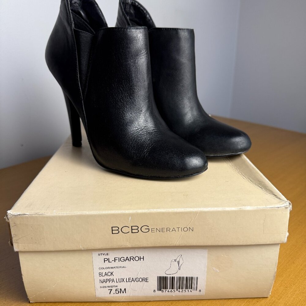 BCBGeneration Figaroh Black Leather Ankle Boots Size 7.5M Stiletto Heel